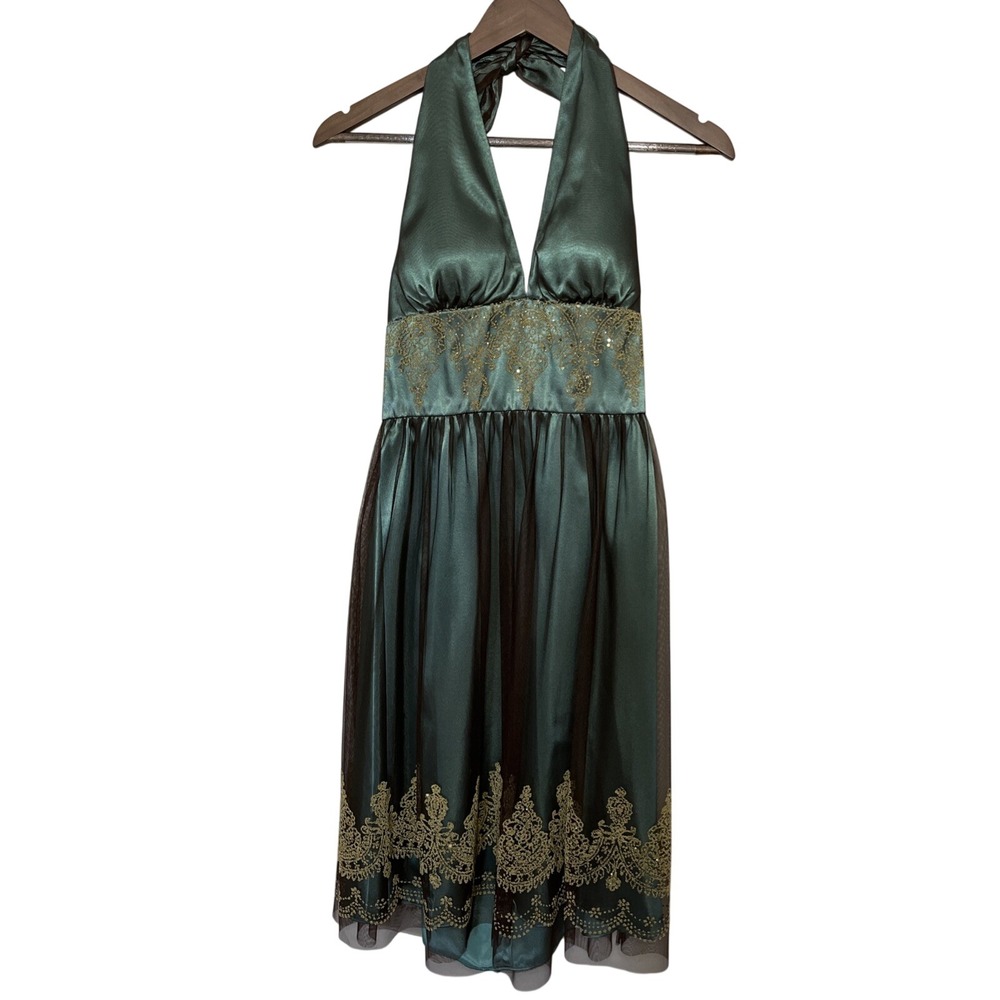NWT Adrianna Papell Boutique Halter‎ Cocktail Dress Green Gold Sequin Tule Sz 10